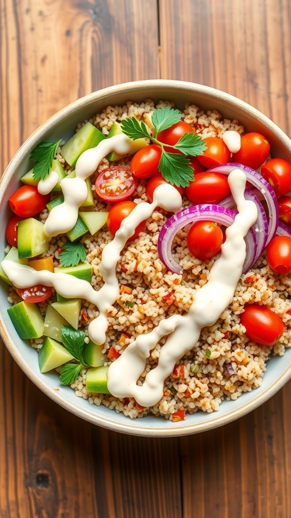 A colorful Mediterranean quinoa bowl with vegetables and tahini dressing on a rustic wooden table.